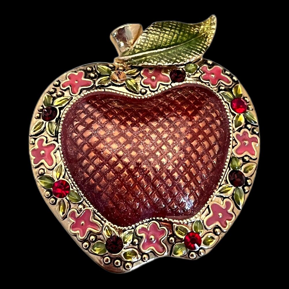 Vintage 1980s Apple Brooch Gold Tone Enamel Crystal Figural Pin - 12S